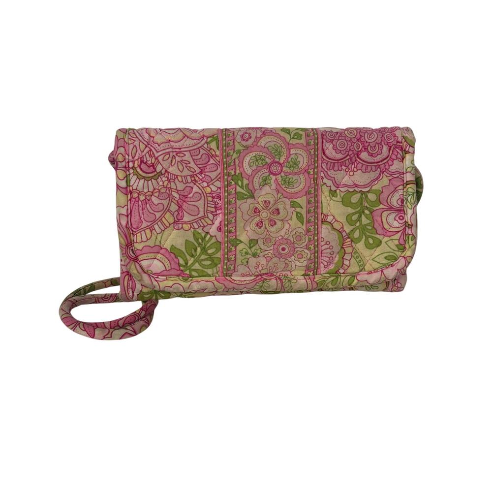 Vera Bradley Pink Petals Quilted Fabric Crossbody Wallet Purse with ID Window